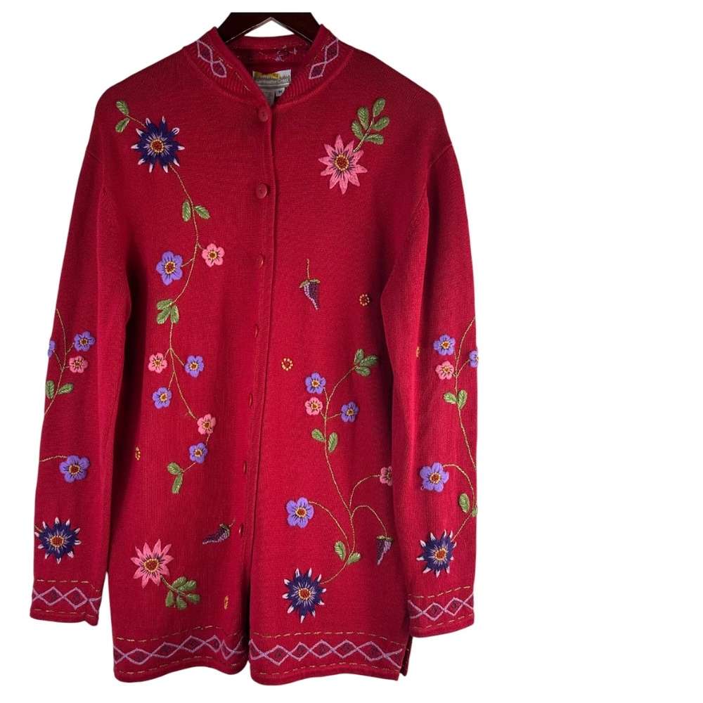Coldwater Creek Cardigan Sweater Sz Medium Floral Embroidered Cottagecore Red - Picture 2 of 5